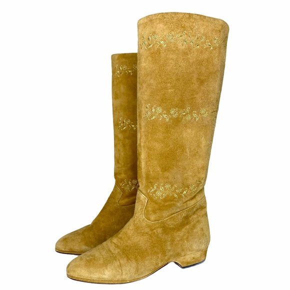 Mario Valentino Shoes - Valentino Vintage Suede Embroidered Boots Mustard Designer Women Size 5.5